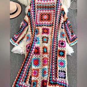 Boho Multicolor Crochet Longline Cardigan - Cream Base